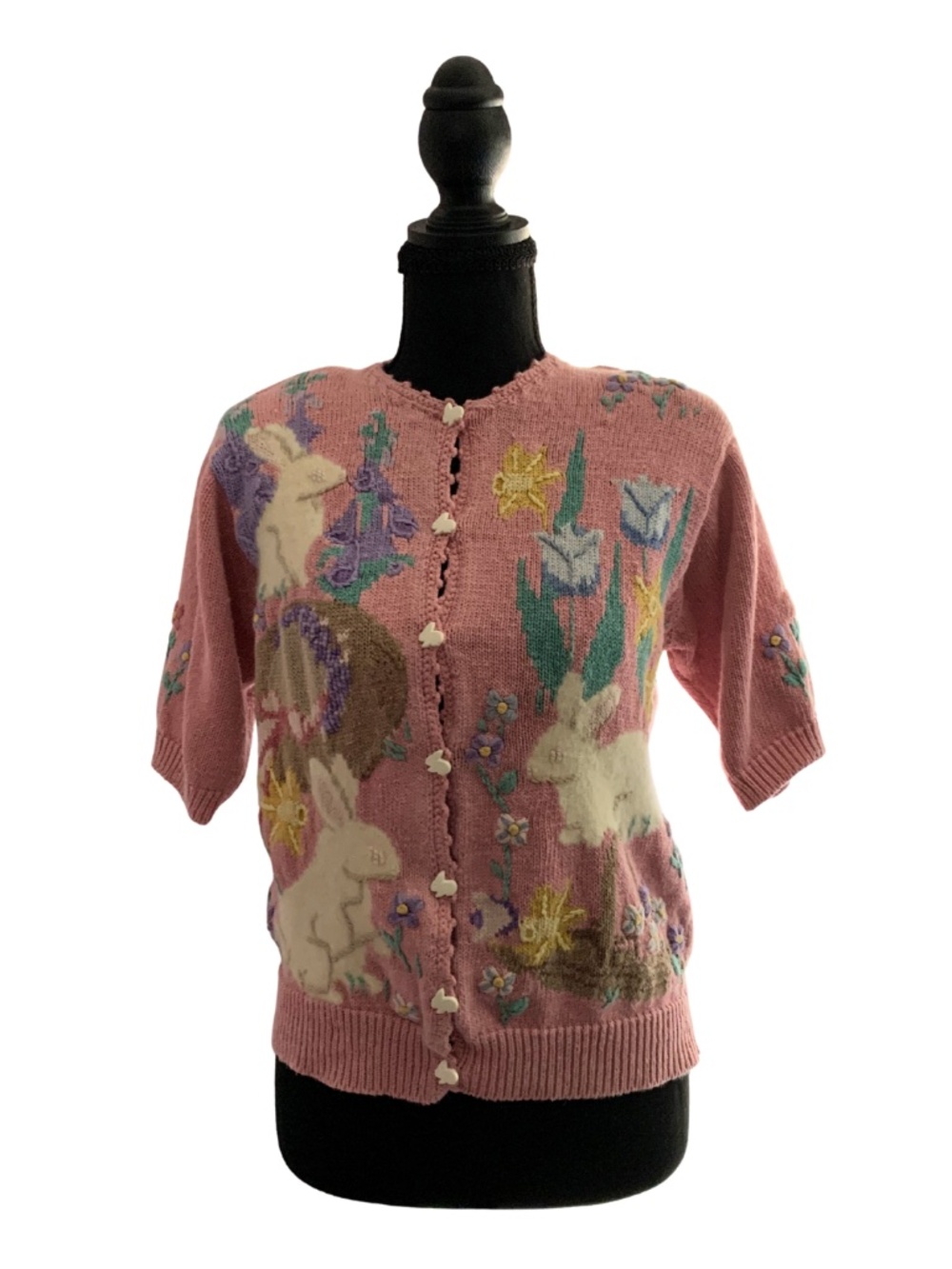 Northern Isle Pink Bunny Floral Short-Sleeve Hand Embroidered Cardigan Women PM